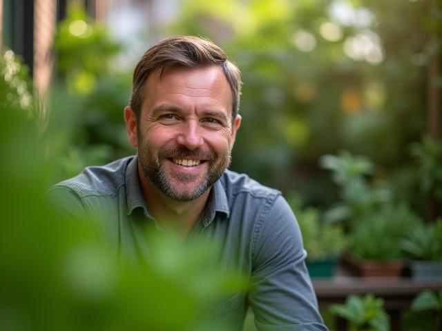 Professional headshot of Dalton S Prickett, smiling warmly in a lush garden setting.