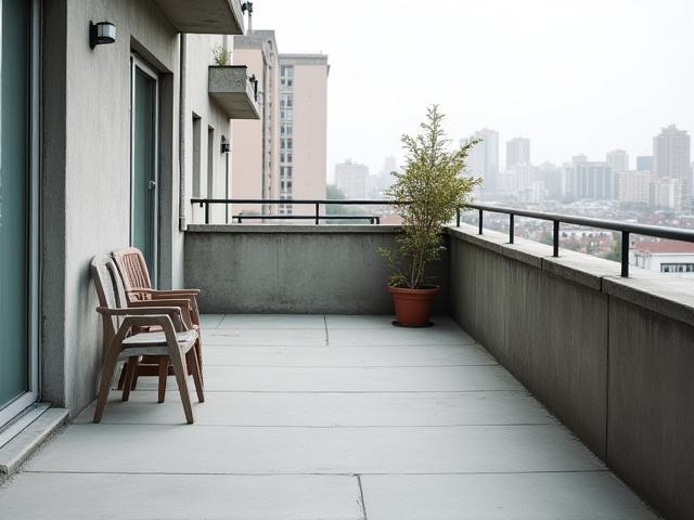 Before: A bare, uninspired balcony with only concrete flooring and a plain railing