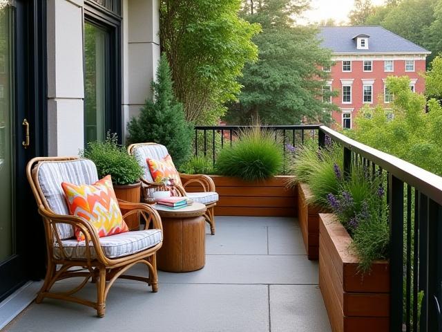 Lush balcony garden in Columbia's Five Points area with custom cedar planters and blooming perennials.