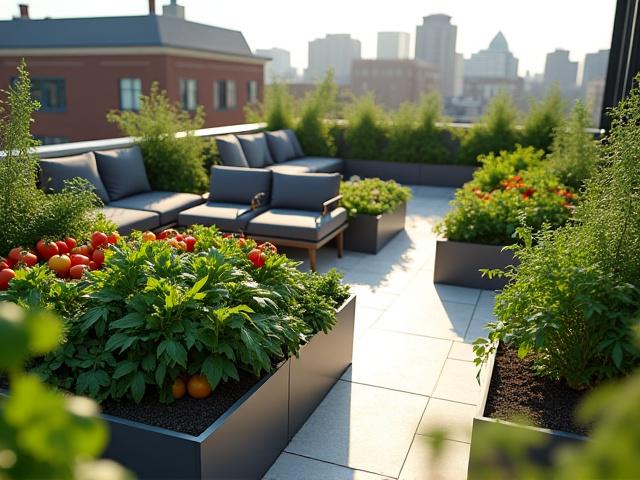 Modern rooftop garden in Shandon, Columbia, featuring raised beds with edible plants and a comfortable lounge area.