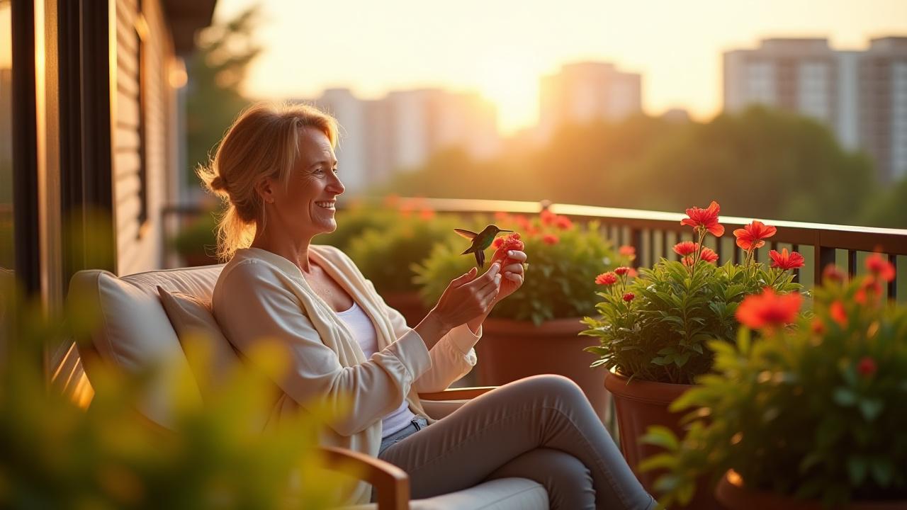 A contented client relaxing on their beautifully designed balcony in The Vista, observing a Ruby-throated hummingbird feeding from a native plant, surrounded by lush potted greenery.