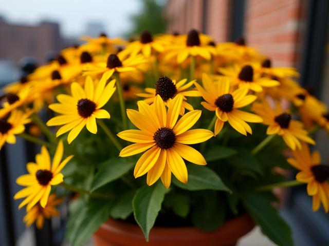A cluster of bright yellow Black-Eyed Susans (Rudbeckia hirta) with dark centers, flourishing in a container on a balcony.
