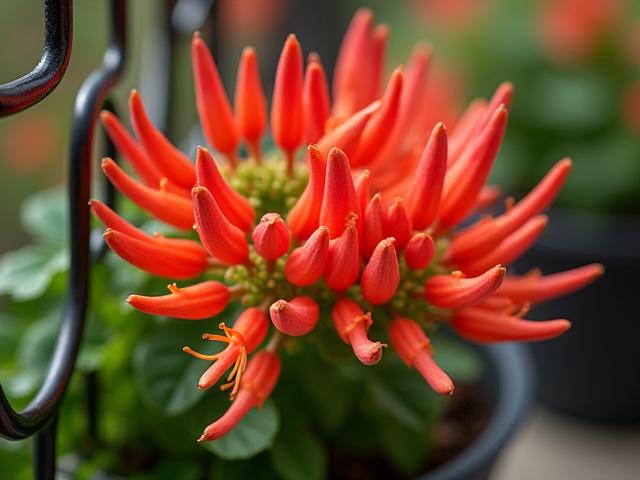 Close-up of bright red-orange tubular flowers of Coral Honeysuckle (Lonicera sempervirens) on an elegant vine, attracting hummingbirds.