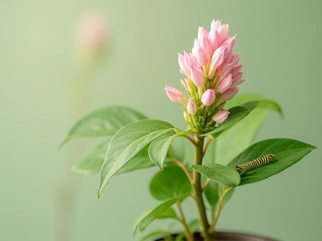 Swamp Milkweed (Asclepias incarnata) with delicate pink flowers, featuring a small monarch caterpillar visibly munching on a leaf in a container.