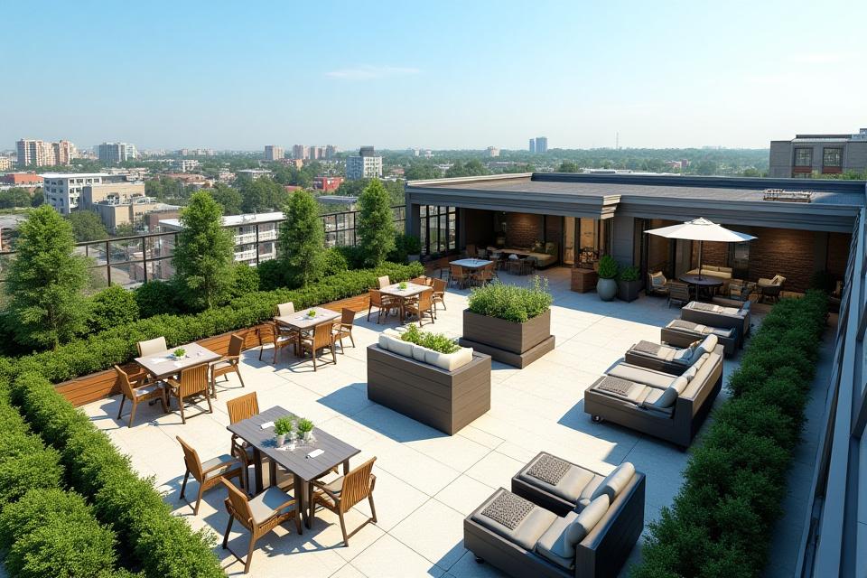 Panoramic view of Adluh Flats roof deck with various zones