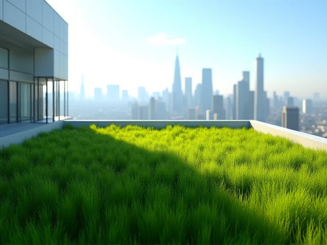 Low Profile Green Roof with sedum plants and panoramic city view