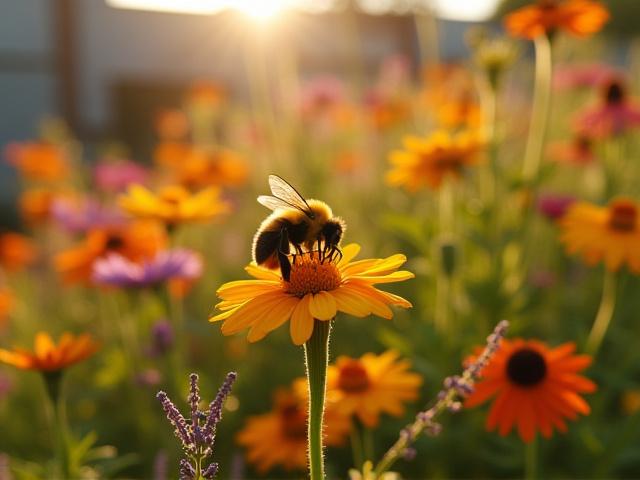 Rooftop Pollinator Haven with native wildflowers and bees