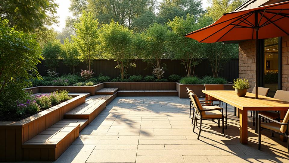 After: A vibrant, multi-level deck with built-in container gardens, a small tranquil water feature, and a cozy outdoor seating area, transforming a 200 sq. ft. space in Shandon, Columbia.