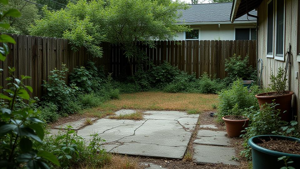 Before: A neglected, overgrown backyard with unkempt grass and cracked concrete patio in Shandon, Columbia, SC.