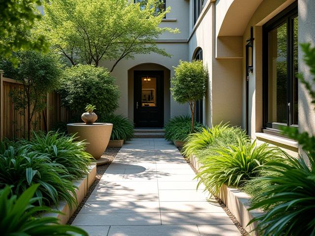 Charming entryway courtyard garden with elegant paving, lush low-maintenance plants, and inviting decorative elements.