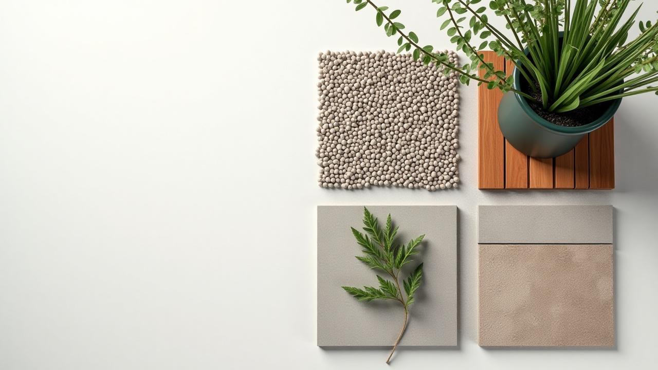 Sophisticated flat-lay style image showcasing various hardscape materials: pea gravel, neutral-toned pavers, sleek modern steel edging, warm cedar and ipe wood samples, and a stylish custom powder-coated planter.
