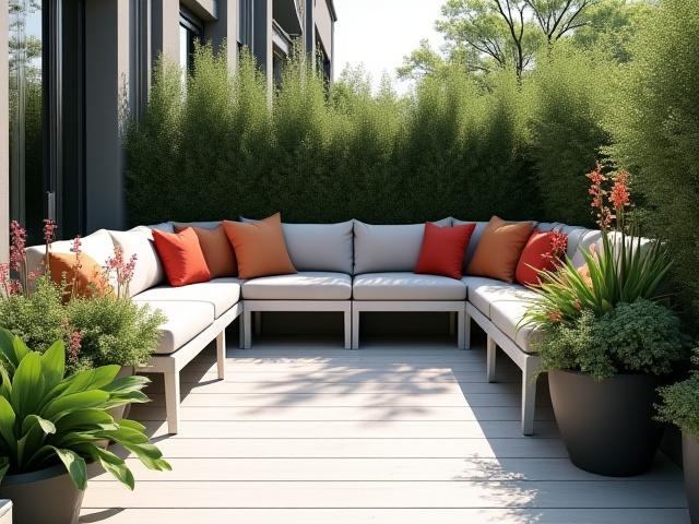 Stylish patio with custom built-in seating, vibrant container gardens, and elegant pavers, exemplifying modern small space design.