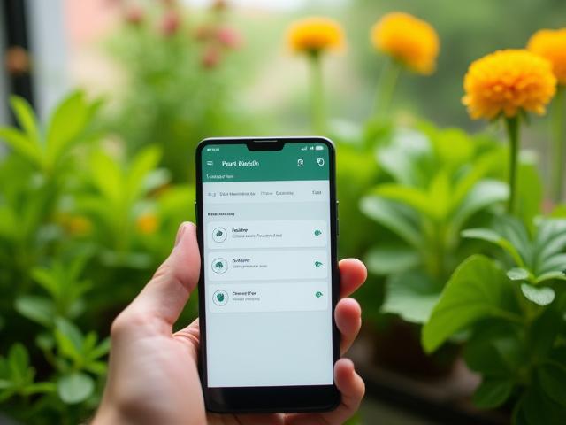 Smartphone displaying plant care app with thriving balcony garden in background