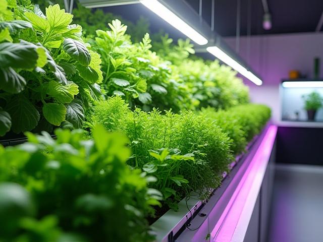 Indoor hydroponic living wall with vibrant leafy greens and integrated grow lights