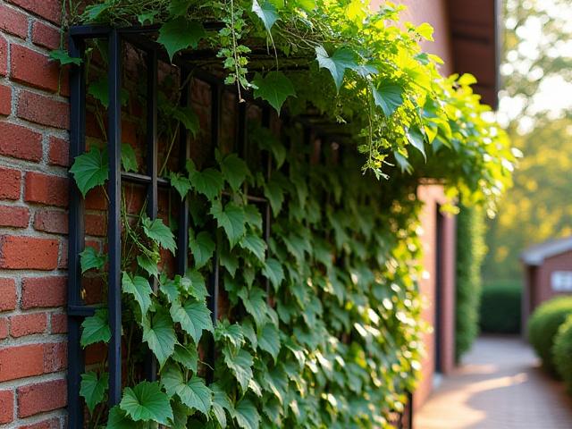 Climbing vines growing on a decorative trellis against a building wall